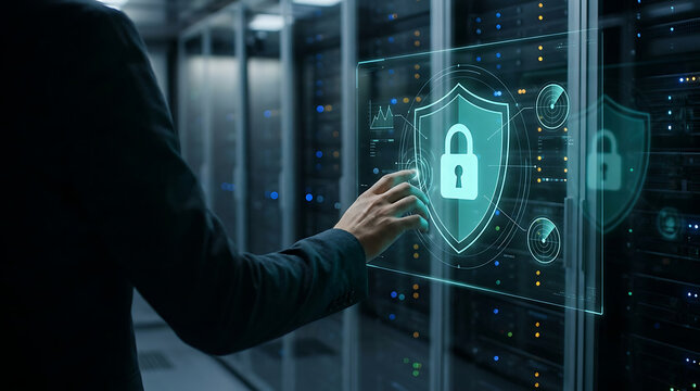 Cybersecurity expert monitors server room network activity using glowing shield interface with radar graphics.