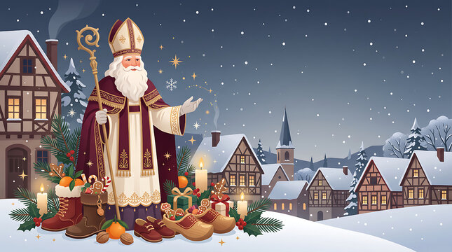 St Nicholas delivering gifts in a snowy village scene during