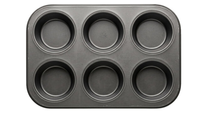Six-cup nonstick muffin pan viewed from above on a black background for home baking