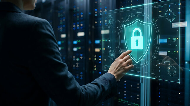 Security manager touches holographic lock icon on glass interface within modern high tech server room environment.