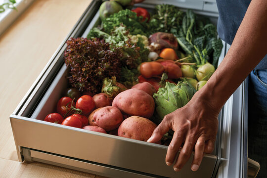 A close-up shot of a vegetable drawer brimming with fresh produce, emphasizing the connection to healthy eating and sustainable living within a bright kitchen environment.