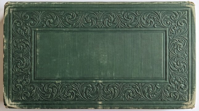 An antique, embossed green book cover with intricate, ornate scrollwork and a central blank panel exudes a vintage charm and the promise of hidden stories within its aged pages.