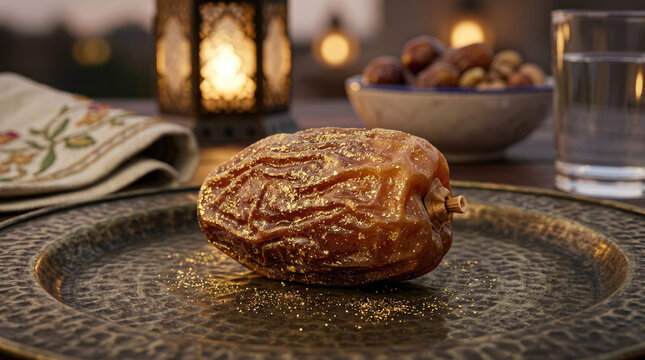Single date fruit on decorative plate with golden accents, surrounded by warm lighting