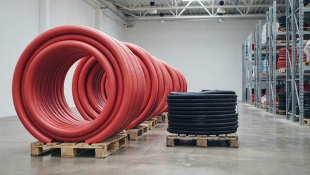Large red and black coiled industrial pipes on pallets in a spacious, well-lit warehouse storage facility.
