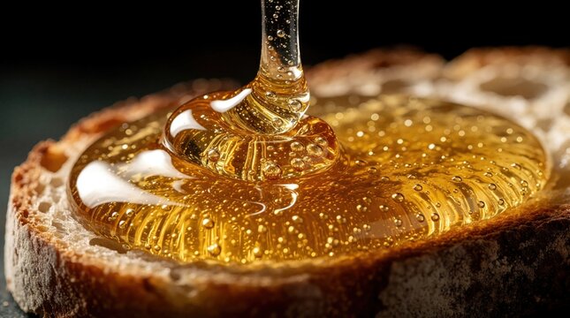 Golden liquid honey pours onto fresh slice of bread. Sweet organic nectar flows over tasty crusty sourdough toast. Delicious breakfast food macro shot with bubbles, glowing syrup. Healthy natural