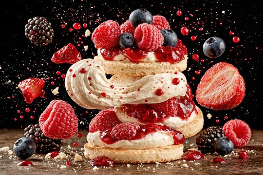 Layered berry cake with whipped cream and fresh fruits explosion