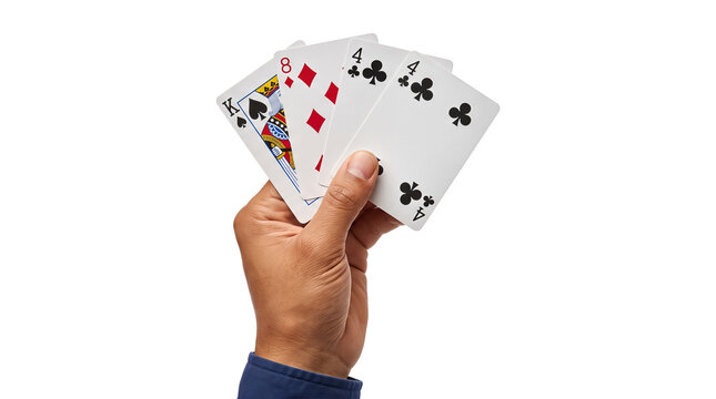 Playing cards fanned out in a vertical hand showing a king of spades and paired fours with a navy cuffed sleeve as a PNG isolated on a transparent background
