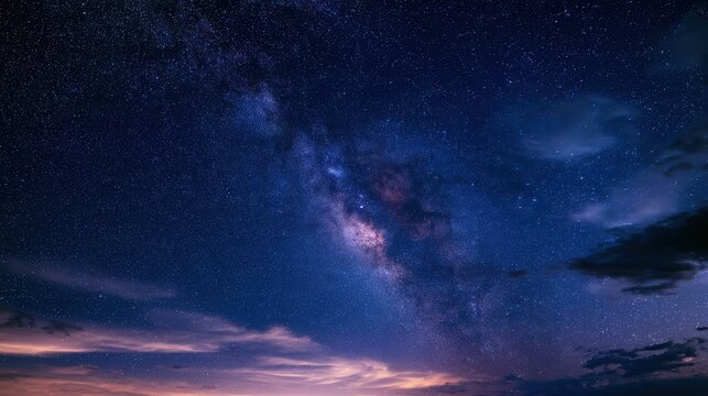 A stunning night sky filled with the glowing Milky Way galaxy and countless bright stars under soft clouds. Perfect background for astronomy and science themes.