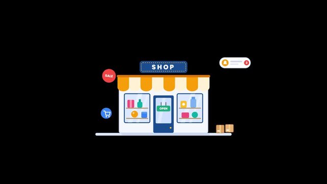 Animated small retail shop building appearing on transparent background