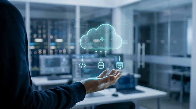 Cloud computing infrastructure visualization provides api and database integration via holographic interface app.