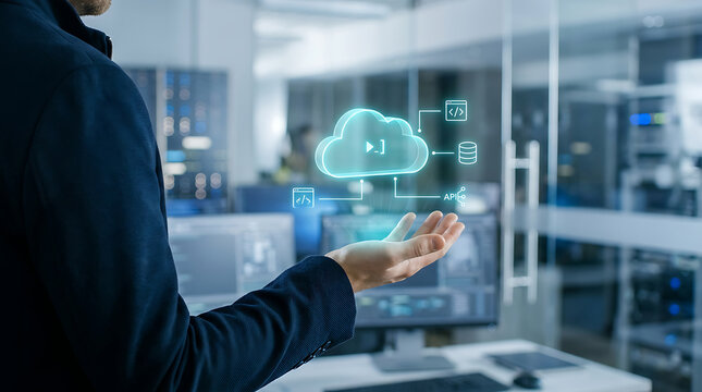 Cloud computing network infrastructure holographic interface blue digital elements representing remote data storage.