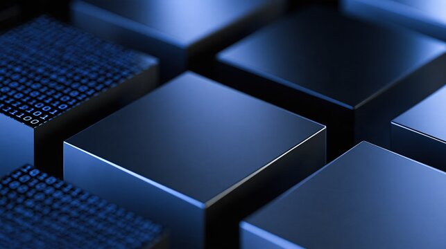 Abstract close-up of metallic cubes with digital binary code pattern in a dark, futuristic setting