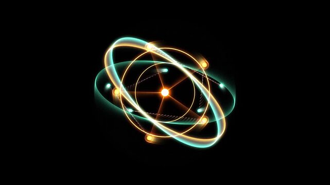 Glowing atom model with orbiting electrons and light rings rotating on black background and physics