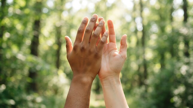 Diverse hands touch forest