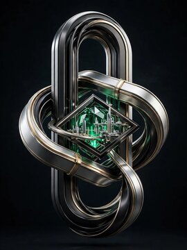 Impossible corporate architecture sculpture with emerald crystal core and futuristic micro city, black titanium and platinum loops, luxury business concept for innovation and infinite growth