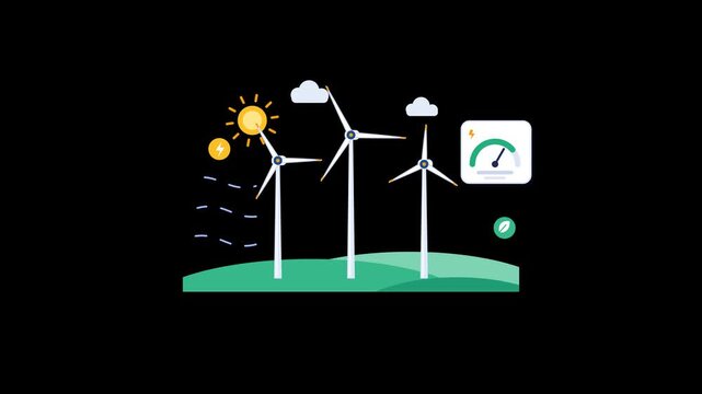 Wind turbines spinning on green hills with power meter animation
