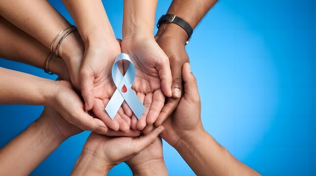 Hands holding blue ribbon