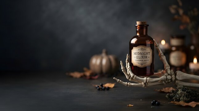 A skeletal hand holds a dark glass bottle labeled midnight elixir on a wooden table with lifts medicinal glass