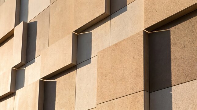 Geometric stone blocks create texture. Sunlight casts deep architectural shadows. Modern facade features interlocking shapes