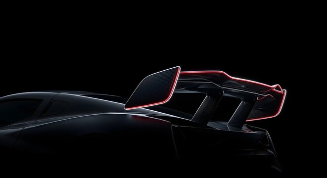 Electric hypercar rear active spoiler silhouette with edge lighting on black background