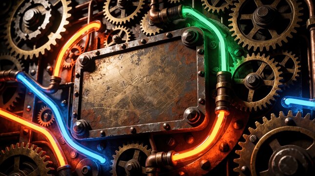 Industrial steampunk background with rusty metal gears, mechanical cogwheels. Glowing neon tubes in blue orange, green light up dark metallic machine parts. Empty aged steel plate offers copy space