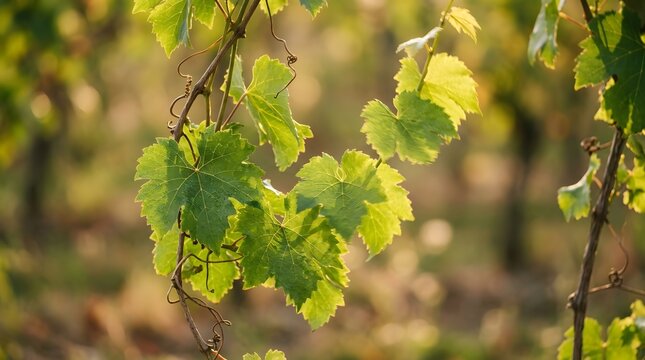 Close-up of green grapevine leaves illuminated by sunlight in vineyard.