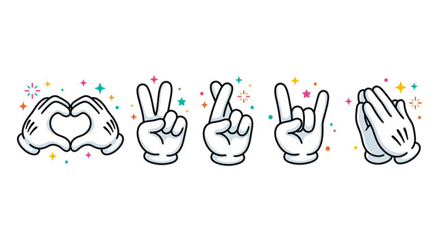 Colorful hand gestures collection featuring peace rock love and