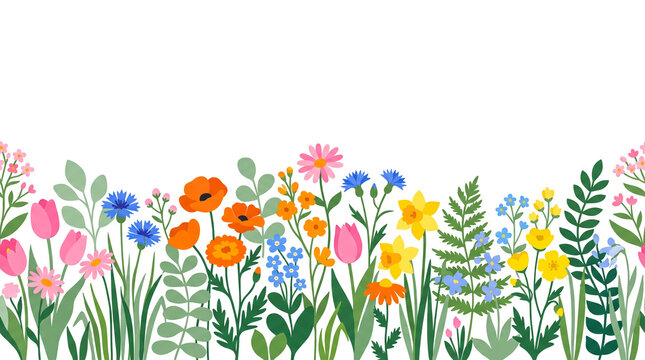 Vibrant floral garden featuring tulips daisies and blue cornflowers