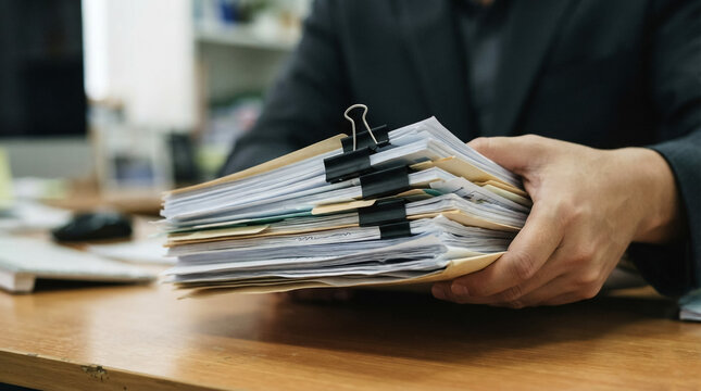 Busy professional organizing legal documents with binder clips and