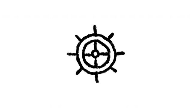 Ship Wheel For Navigation And Maritime Control Doodle Animation With Alpha Channel. Steering Wheel And Nautical Direction Symbol. Animated Hand-Drawn Icon For Video Overlay 4K.
