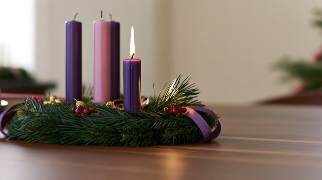 Traditional Advent wreath with one lit purple candle and three unlit purple and pink candles, decorated with evergreen branches, red berries and ribbon. First Sunday of Advent Christmas tradition