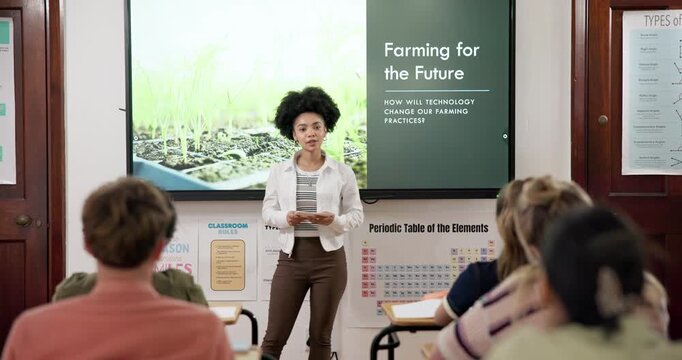 Education, presentation and student in class with screen, info and learning about future in farming. High school, research project and girl with flash cards, tech development or agriculture practices