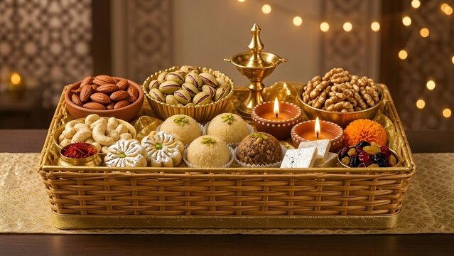 Traditional Indian festive hamper filled with sweets, nuts and candles