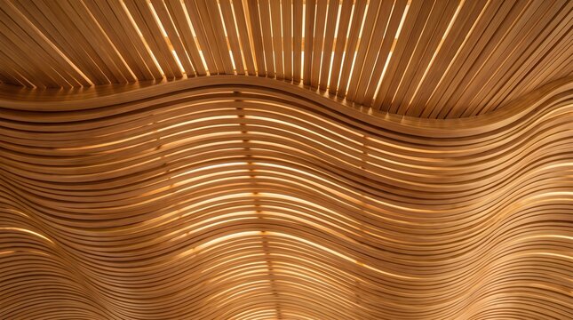 Wavy wood slats ceiling with golden glow. Flowing curved lines create abstract pattern. Modern interior design with warm texture