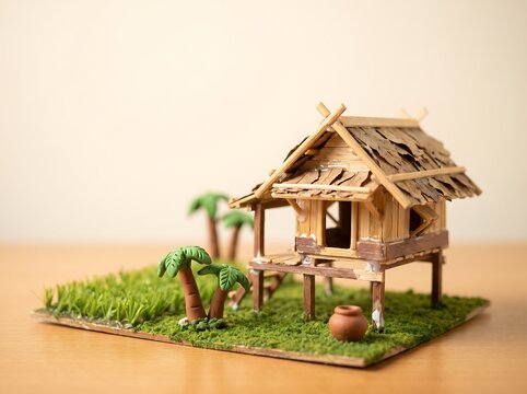 Miniature diorama of Thai stilt house with rice field
