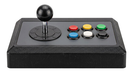 Retro arcade joystick controller with six colorful buttons isolated on a black background © Ophelia