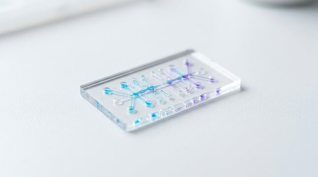 Microfluidic Diagnostic Chip with Blue and Purple Liquid Channels on a Clean White Laboratory Surface for Biotech Research