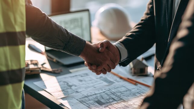 Business partners shaking hands over architectural blueprints in an office. Construction deal concept for corporate presentation ads.