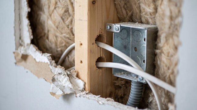 Electrical metal junction box mounted on wooden stud inside opened drywall wall with white cables through drilled holes flexible conduit and fiberglass insulation during home renovation