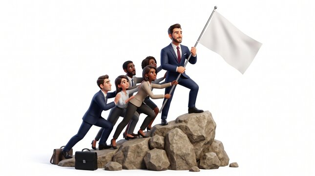 3D Businessman Mascot and team recreating Iwo Jima flag raising statue