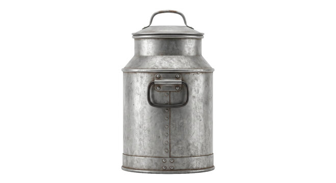 Weathered vintage metal milk churn with fitted lid and side handle on black background