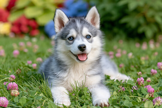 Fluffy Puppy Relaxing on Garden Patio with Flowers, Pet Portrait