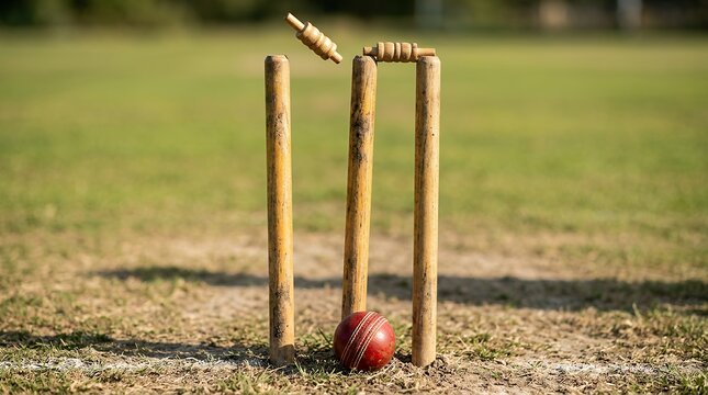Dynamic cricket action, a wooden wicket with bails dislodged and a red cricket ball on a green grass field, capturing the intensity of the sport.