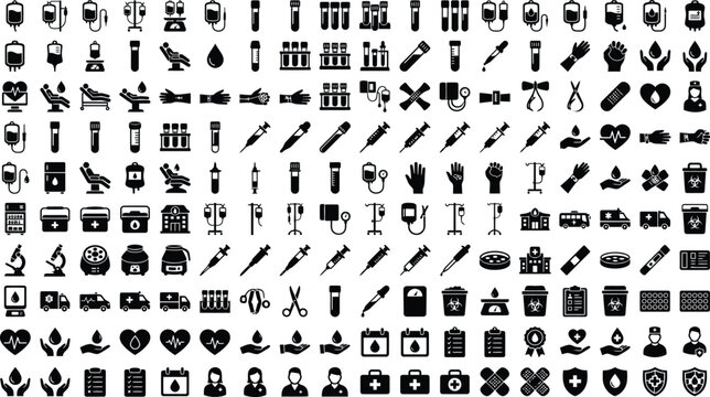 200 Solid Blood Donation Blood Bank and Transfusion Icons Vector