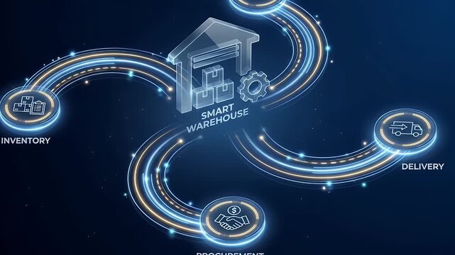 Smart Warehouse Inventory Management, Delivery Procurement Workflow, Enterprise Logistics Network, Supply Chain Automation, Digital Planning Connections, Futuristic Inventory Interface Dark Blue