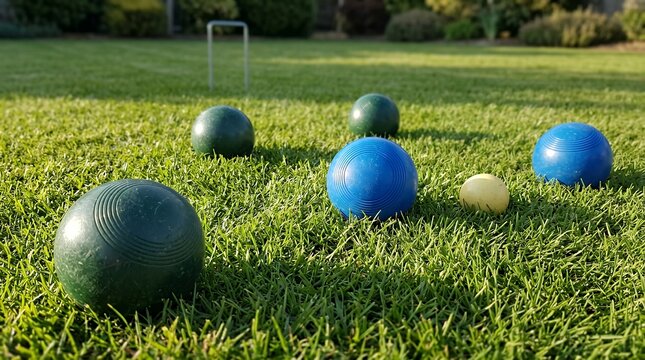 Vibrant bocce ball game on a lush green lawn, classic outdoor leisure activity, summer garden party entertainment, recreational lawn sports.