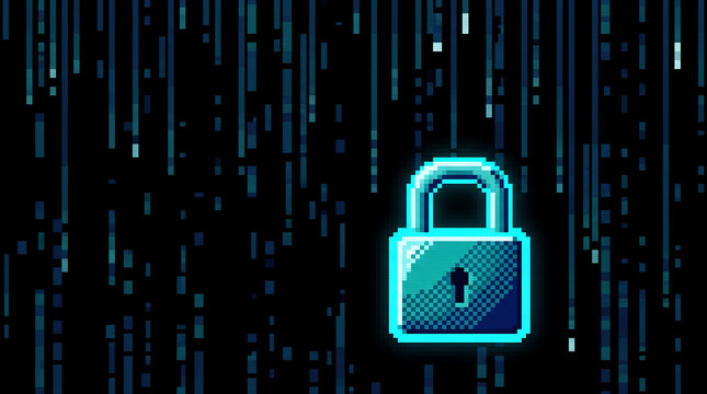 Glowing cyan pixel art padlock with keyhole surrounded by falling digital rain on black background representing cybersecurity data protection encryption and online privacy concept