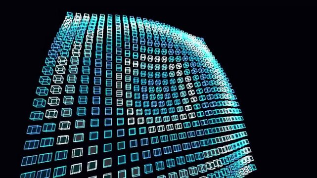 Cubic Equalizer Wave 3d isometric holographic cube grid holographic video rendered with HOLO CYAN BLUE glowing 3D cube wireframe matrices. Ideal for relaxation background footage, VJ visuals, tech pro