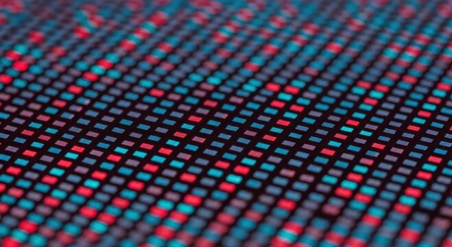 Close up of a digital screen display with a grid of small glowing red and blue square pixels in perspective