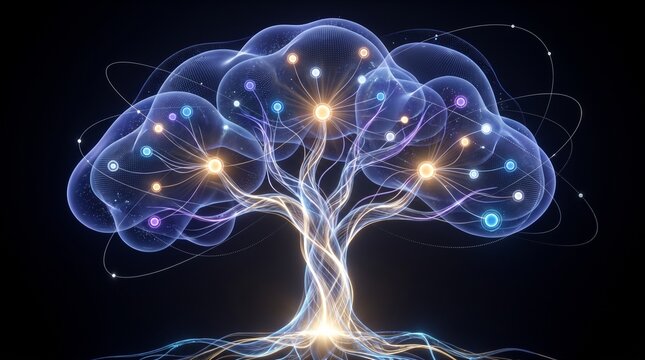 Abstract glowing neural network data tree symbolizing artificial intelligence and digital growth on dark background